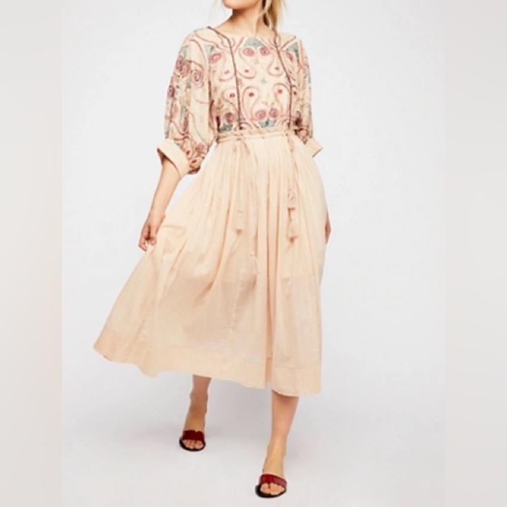 Free People Mesa Beige Embroidered Cut-out Boho Midi Dress Medium